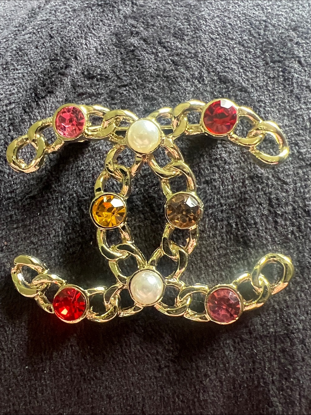 Gold-Tone Crystal Chain Logo Brooch - Multicolor - Picture 4 of 8
